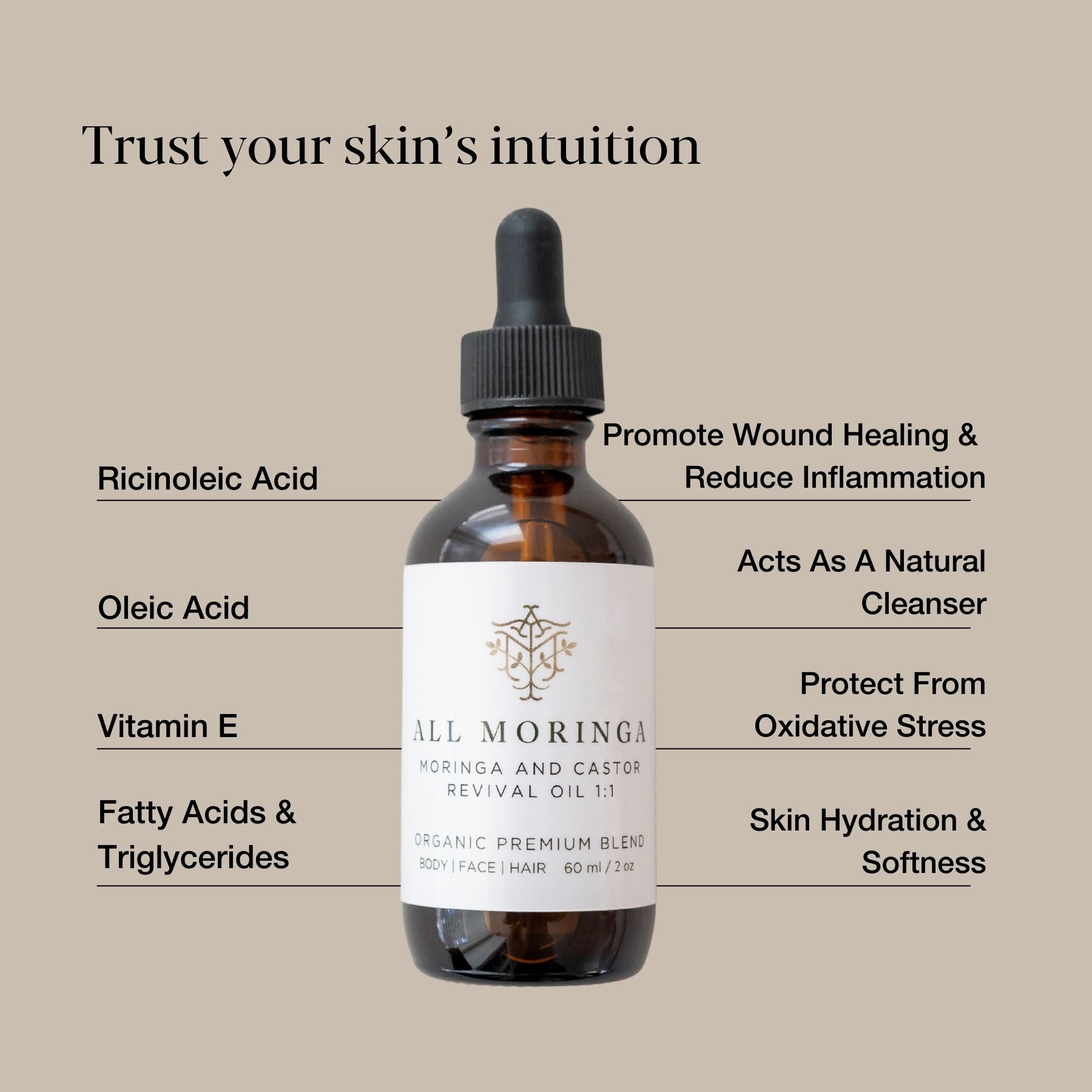 Premium Moringa & Castor Revival Oil with Vitamin E Cold Pressed Organic for Face, Body and Hair 2 oz